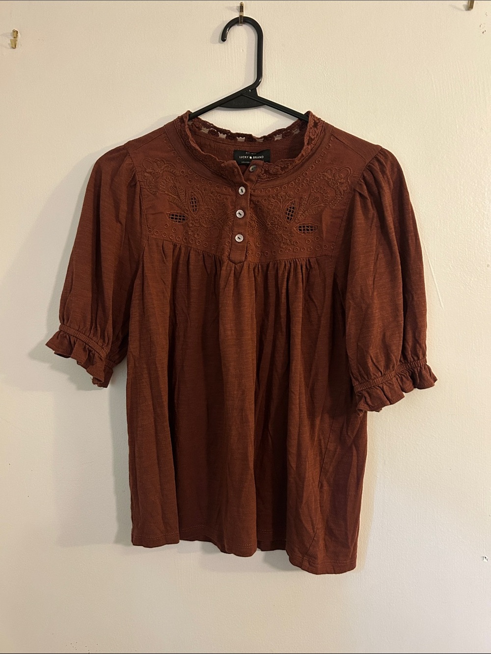 Lucky Brand Burnt Orange Eyelet Yoke Peasant Top